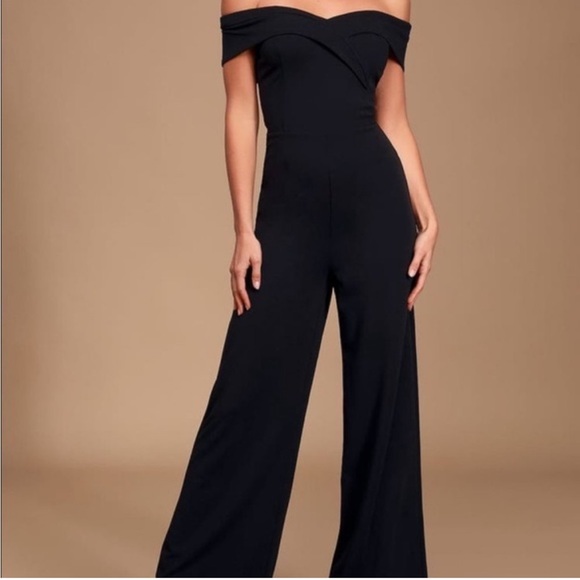 Lulus Pants - Lulu’s Chic Moment Black Off The Shoulder Wide Leg Jumpsuit